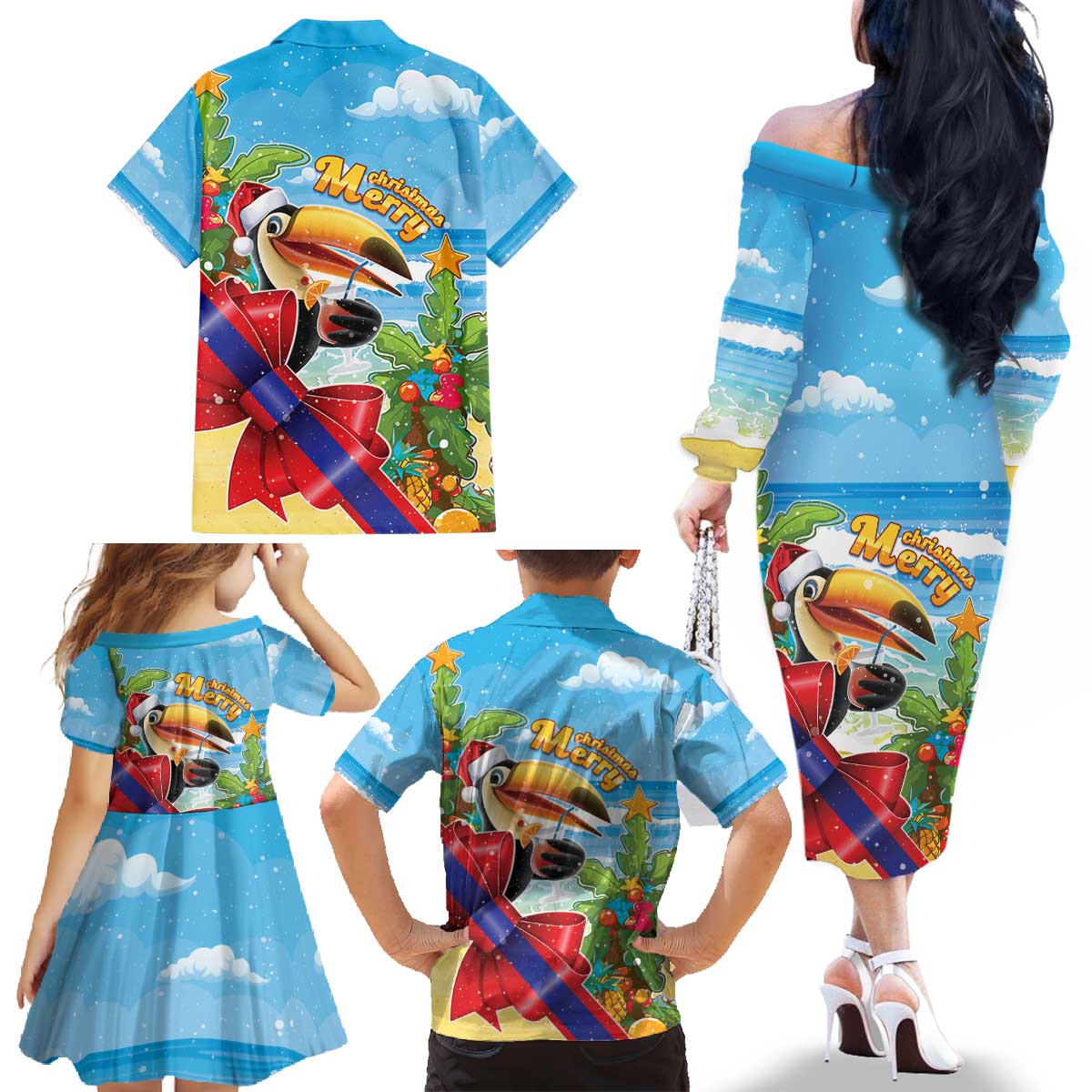 Belize Navidad Christmas Family Matching Off The Shoulder Long Sleeve Dress and Hawaiian Shirt Funny Santa Toucan - Wonder Print Shop