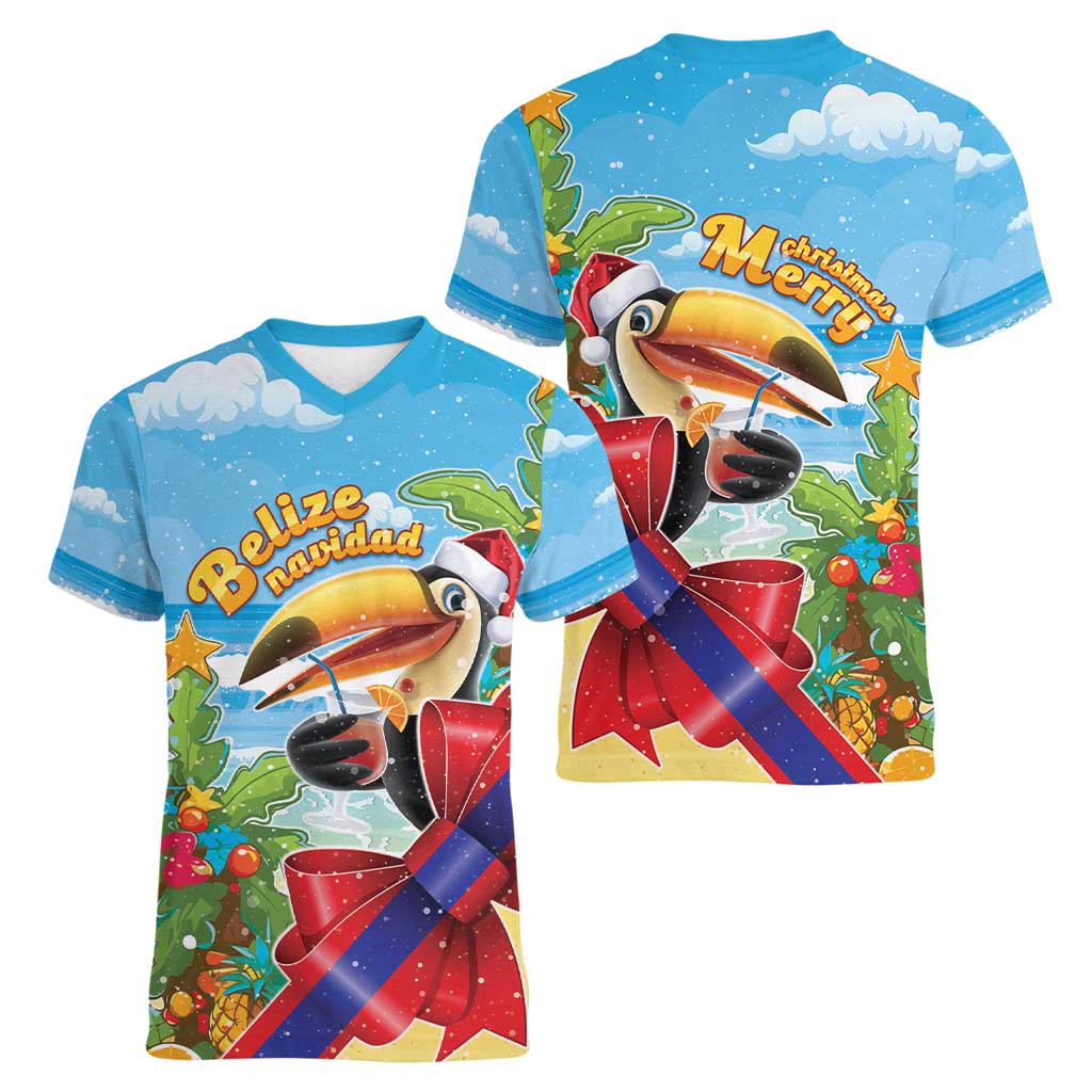 Belize Navidad Christmas Women V-Neck T-Shirt Funny Santa Toucan - Wonder Print Shop