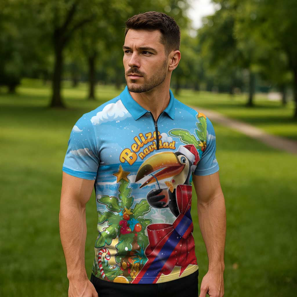 Belize Navidad Christmas Zipper Polo Shirt Funny Santa Toucan - Wonder Print Shop