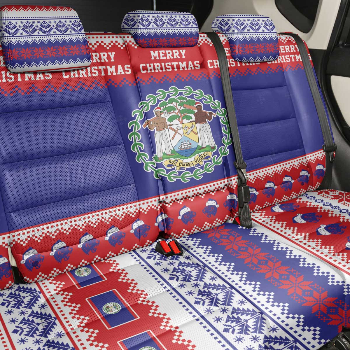 Belize Christmas Back Car Seat Cover Coat Of Arms Merry Xmas - Wonder Print Shop
