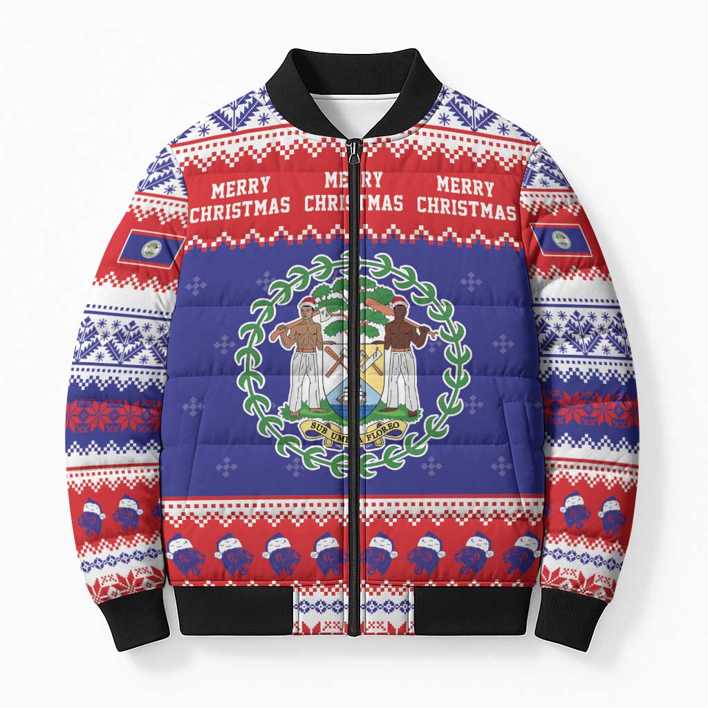 Belize Christmas Bomber Puffer Jacket Coat Of Arms Merry Xmas - Wonder Print Shop