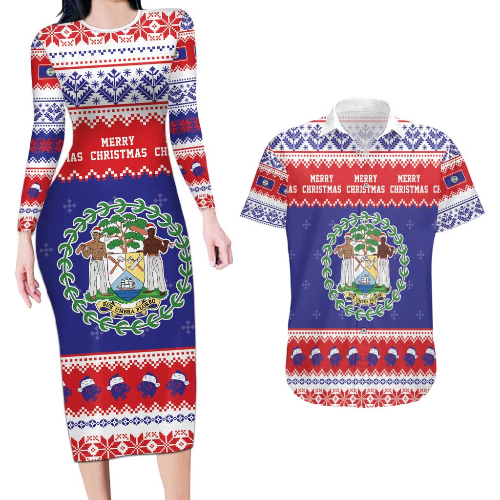 Belize Christmas Couples Matching Long Sleeve Bodycon Dress and Hawaiian Shirt Coat Of Arms Merry Xmas - Wonder Print Shop