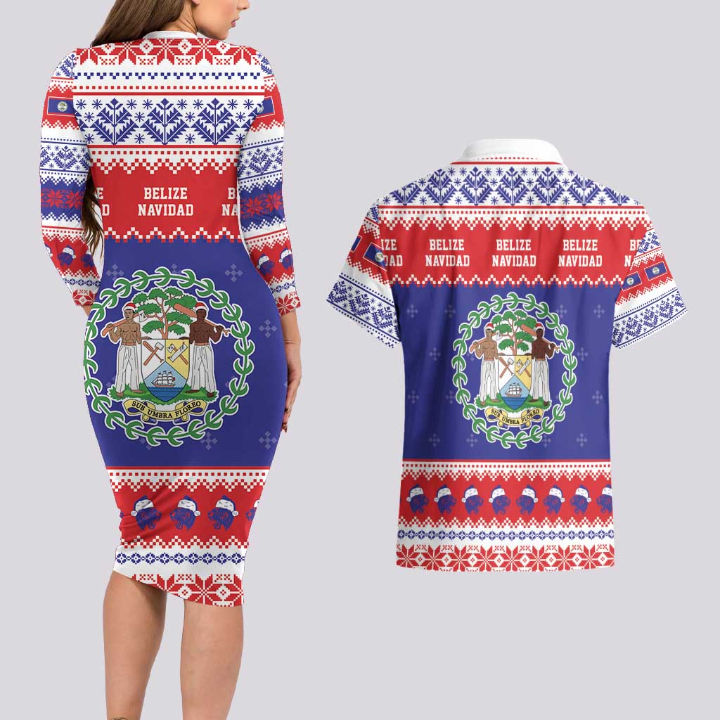 Belize Christmas Couples Matching Long Sleeve Bodycon Dress and Hawaiian Shirt Coat Of Arms Merry Xmas - Wonder Print Shop