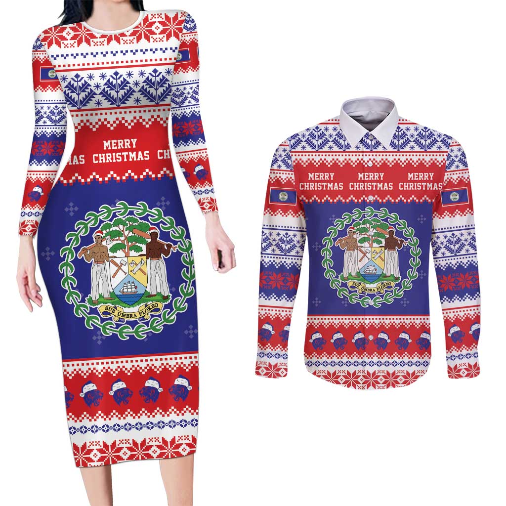 Belize Christmas Couples Matching Long Sleeve Bodycon Dress and Long Sleeve Button Shirt Coat Of Arms Merry Xmas - Wonder Print Shop
