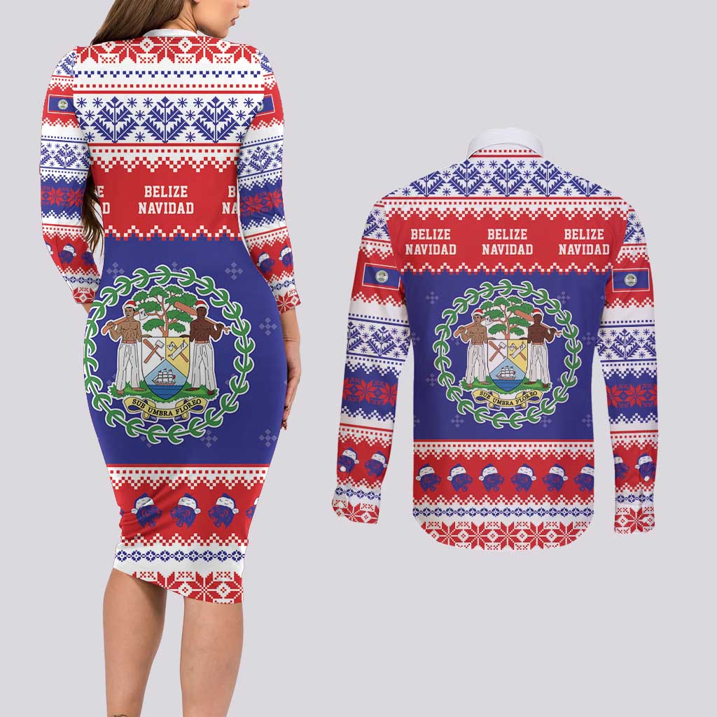 Belize Christmas Couples Matching Long Sleeve Bodycon Dress and Long Sleeve Button Shirt Coat Of Arms Merry Xmas - Wonder Print Shop