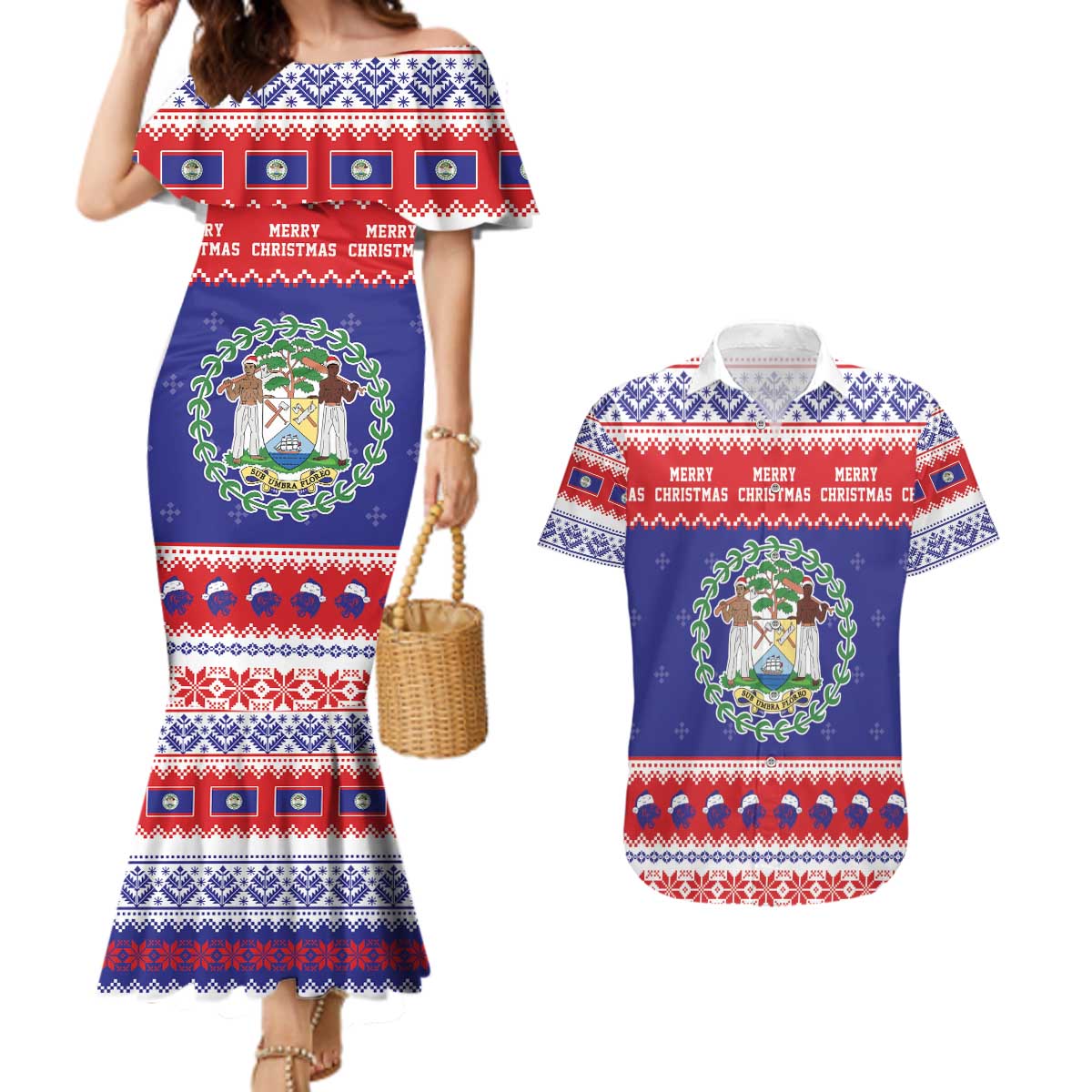 Belize Christmas Couples Matching Mermaid Dress and Hawaiian Shirt Coat Of Arms Merry Xmas - Wonder Print Shop