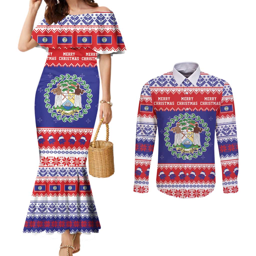 Belize Christmas Couples Matching Mermaid Dress and Long Sleeve Button Shirt Coat Of Arms Merry Xmas - Wonder Print Shop