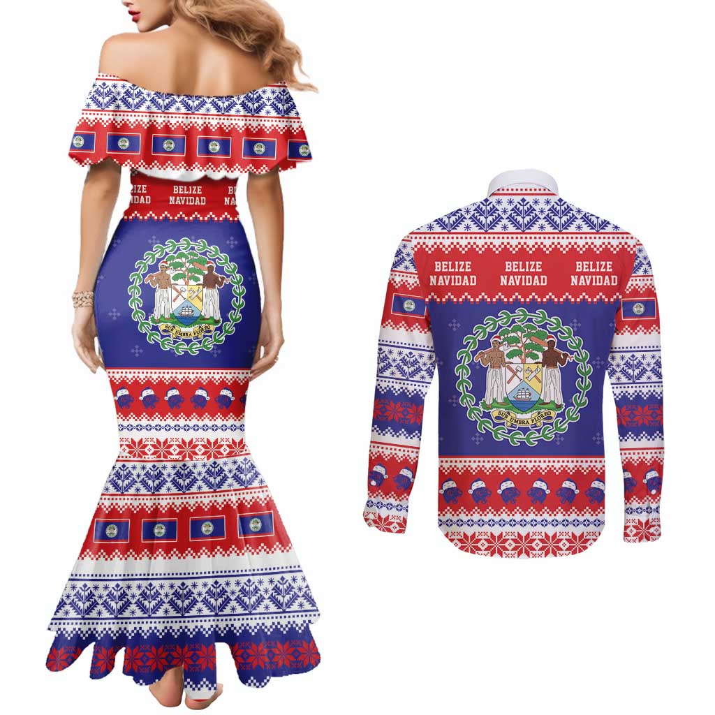 Belize Christmas Couples Matching Mermaid Dress and Long Sleeve Button Shirt Coat Of Arms Merry Xmas - Wonder Print Shop