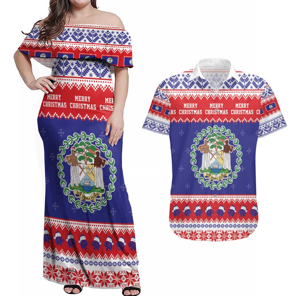 Belize Christmas Couples Matching Off Shoulder Maxi Dress and Hawaiian Shirt Coat Of Arms Merry Xmas - Wonder Print Shop