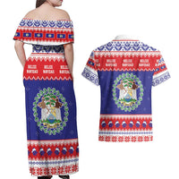 Belize Christmas Couples Matching Off Shoulder Maxi Dress and Hawaiian Shirt Coat Of Arms Merry Xmas - Wonder Print Shop