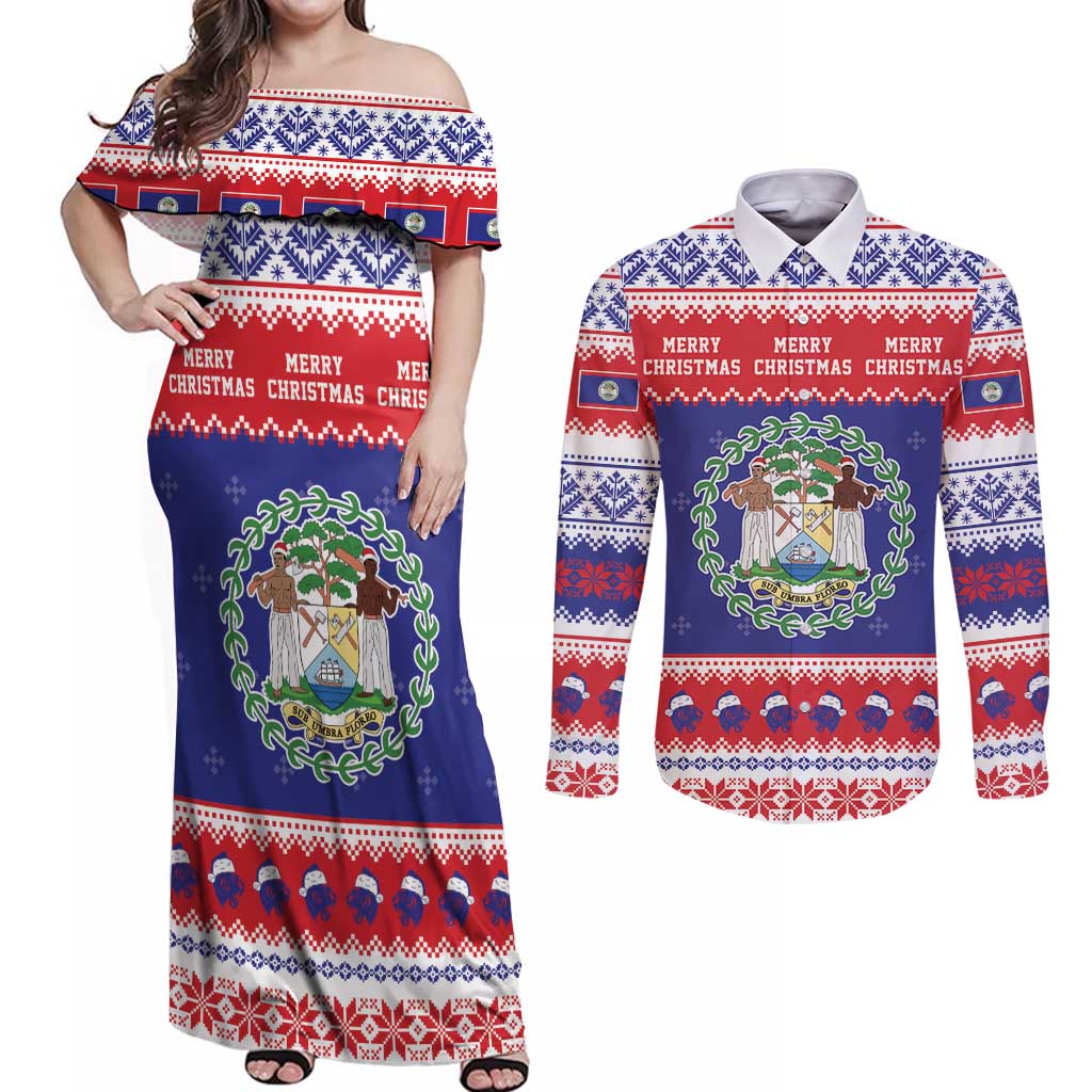 Belize Christmas Couples Matching Off Shoulder Maxi Dress and Long Sleeve Button Shirt Coat Of Arms Merry Xmas - Wonder Print Shop