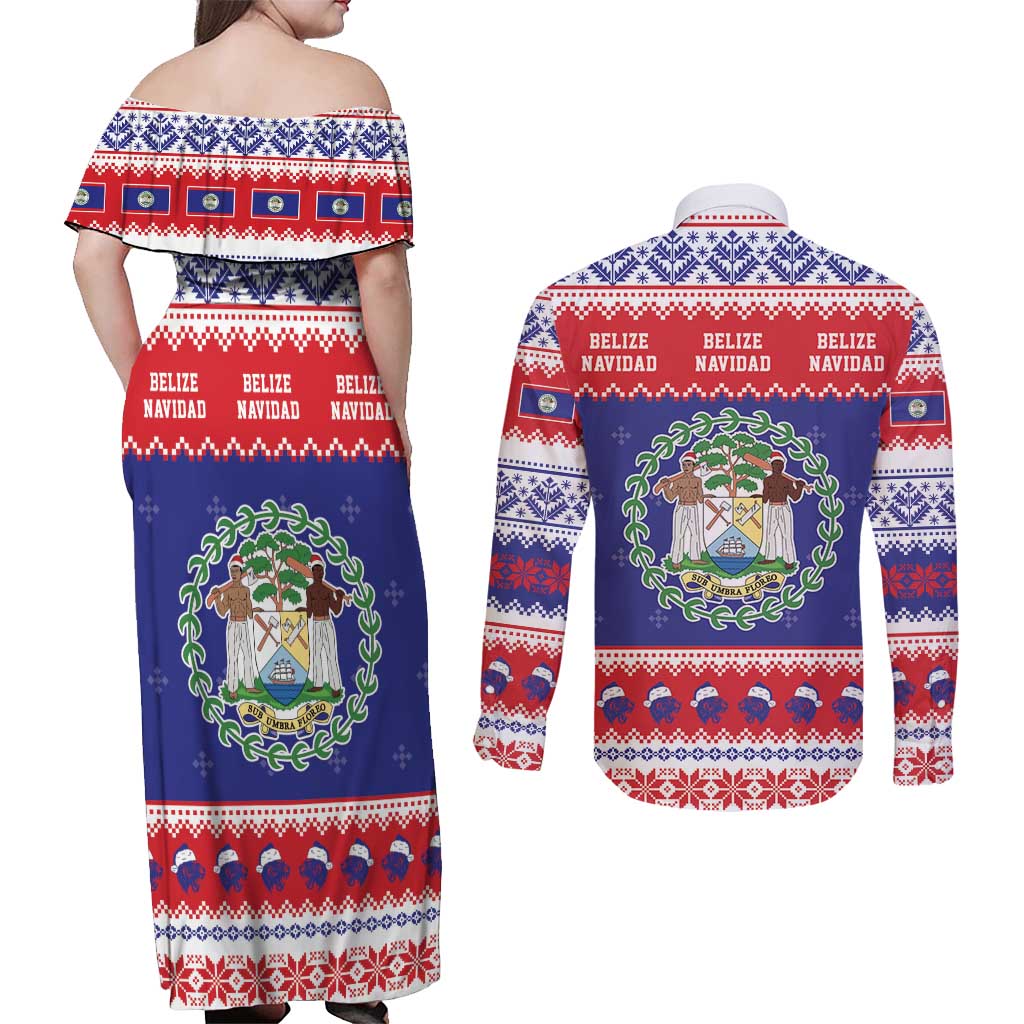 Belize Christmas Couples Matching Off Shoulder Maxi Dress and Long Sleeve Button Shirt Coat Of Arms Merry Xmas - Wonder Print Shop