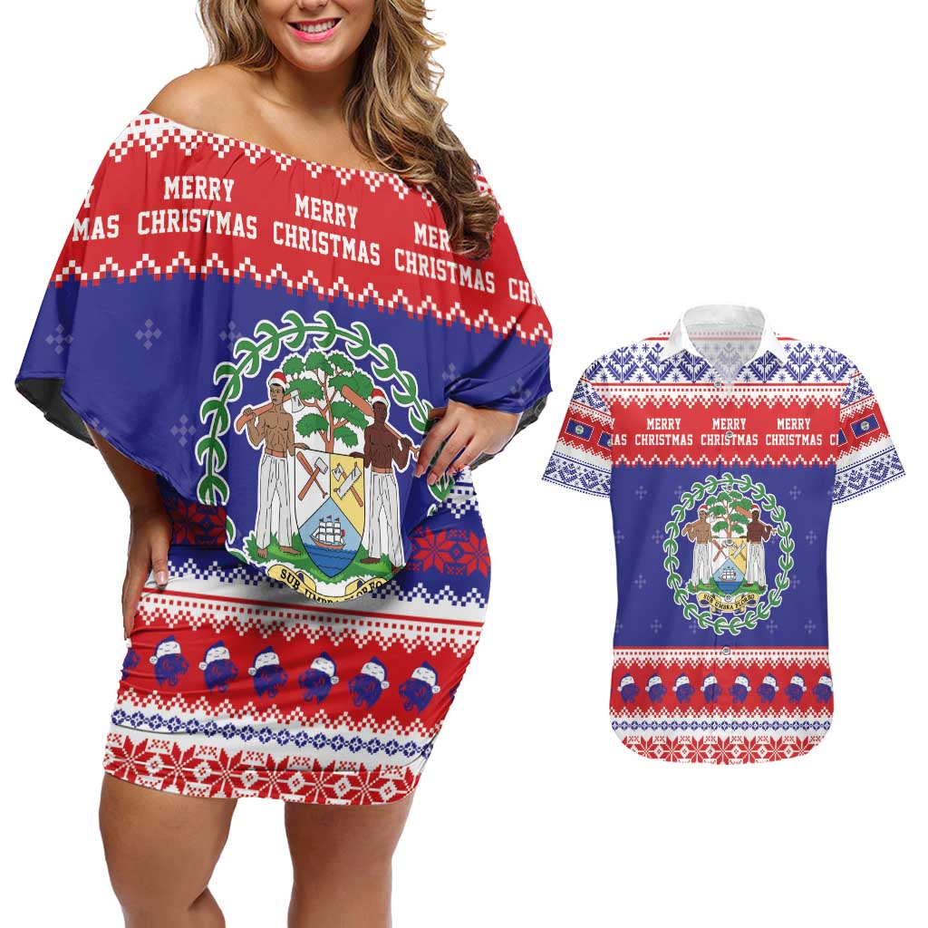 Belize Christmas Couples Matching Off Shoulder Short Dress and Hawaiian Shirt Coat Of Arms Merry Xmas - Wonder Print Shop