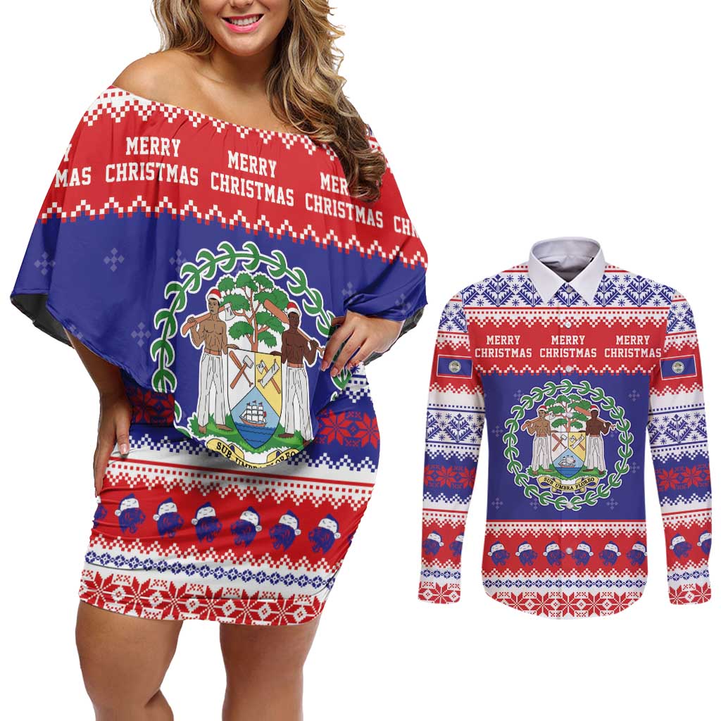 Belize Christmas Couples Matching Off Shoulder Short Dress and Long Sleeve Button Shirt Coat Of Arms Merry Xmas - Wonder Print Shop