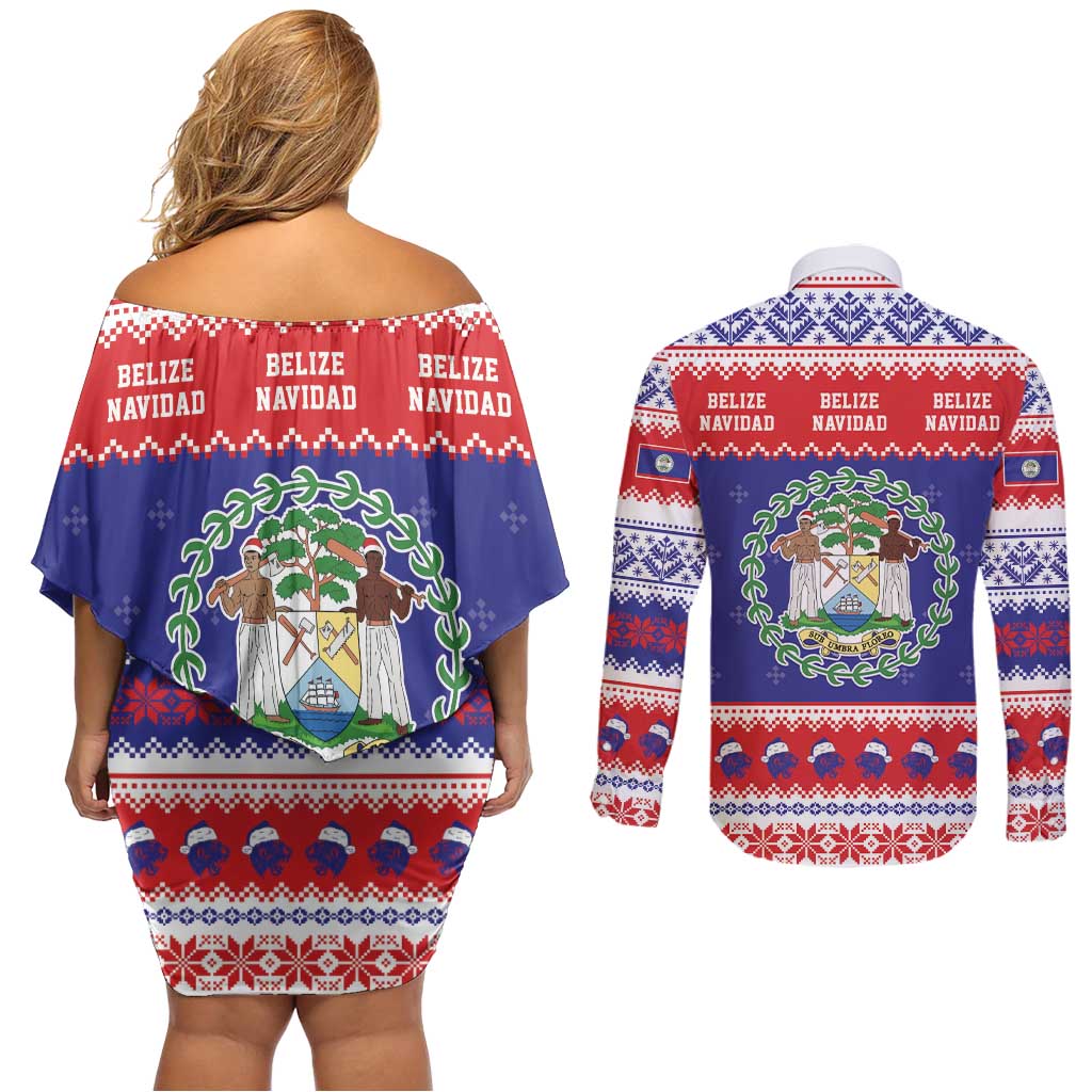 Belize Christmas Couples Matching Off Shoulder Short Dress and Long Sleeve Button Shirt Coat Of Arms Merry Xmas - Wonder Print Shop