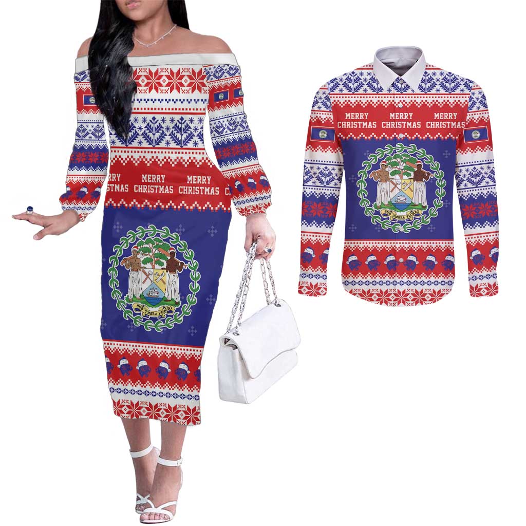 Belize Christmas Couples Matching Off The Shoulder Long Sleeve Dress and Long Sleeve Button Shirt Coat Of Arms Merry Xmas - Wonder Print Shop