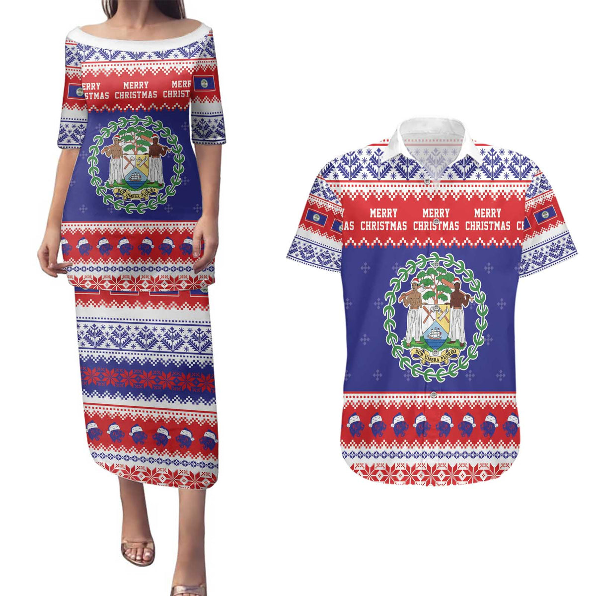 Belize Christmas Couples Matching Puletasi and Hawaiian Shirt Coat Of Arms Merry Xmas - Wonder Print Shop