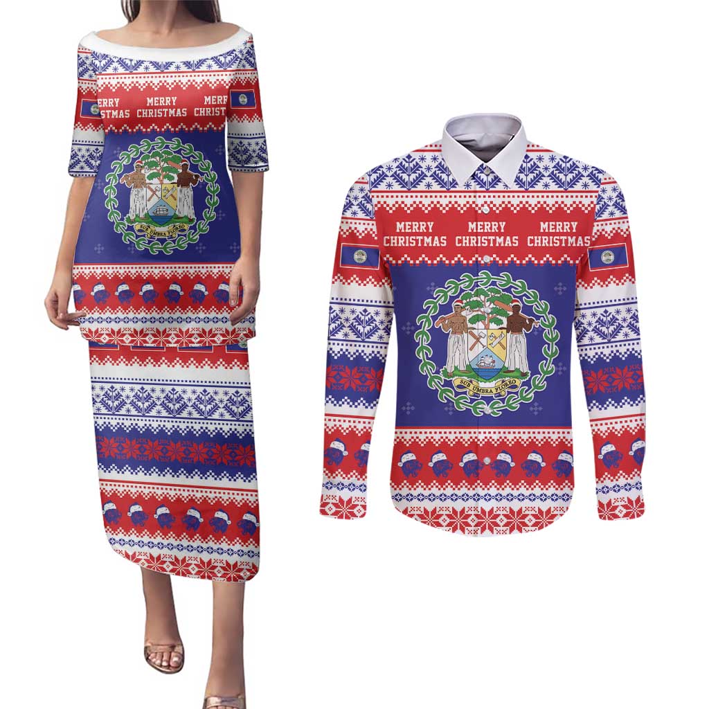 Belize Christmas Couples Matching Puletasi and Long Sleeve Button Shirt Coat Of Arms Merry Xmas - Wonder Print Shop
