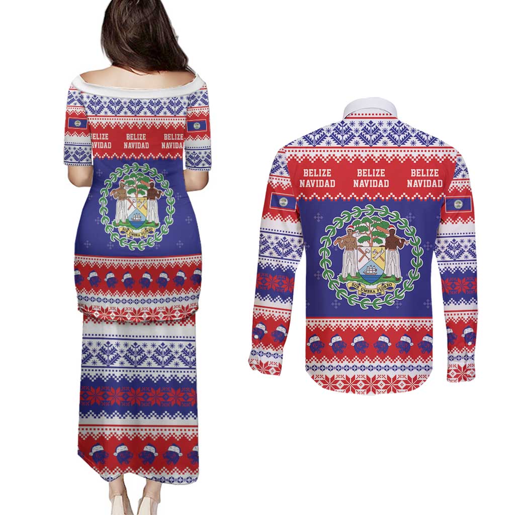 Belize Christmas Couples Matching Puletasi and Long Sleeve Button Shirt Coat Of Arms Merry Xmas - Wonder Print Shop