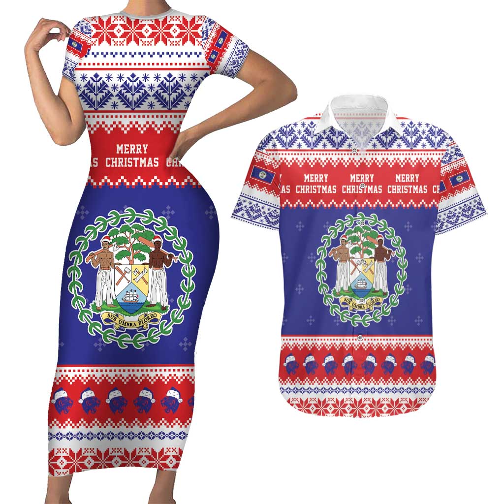 Belize Christmas Couples Matching Short Sleeve Bodycon Dress and Hawaiian Shirt Coat Of Arms Merry Xmas - Wonder Print Shop