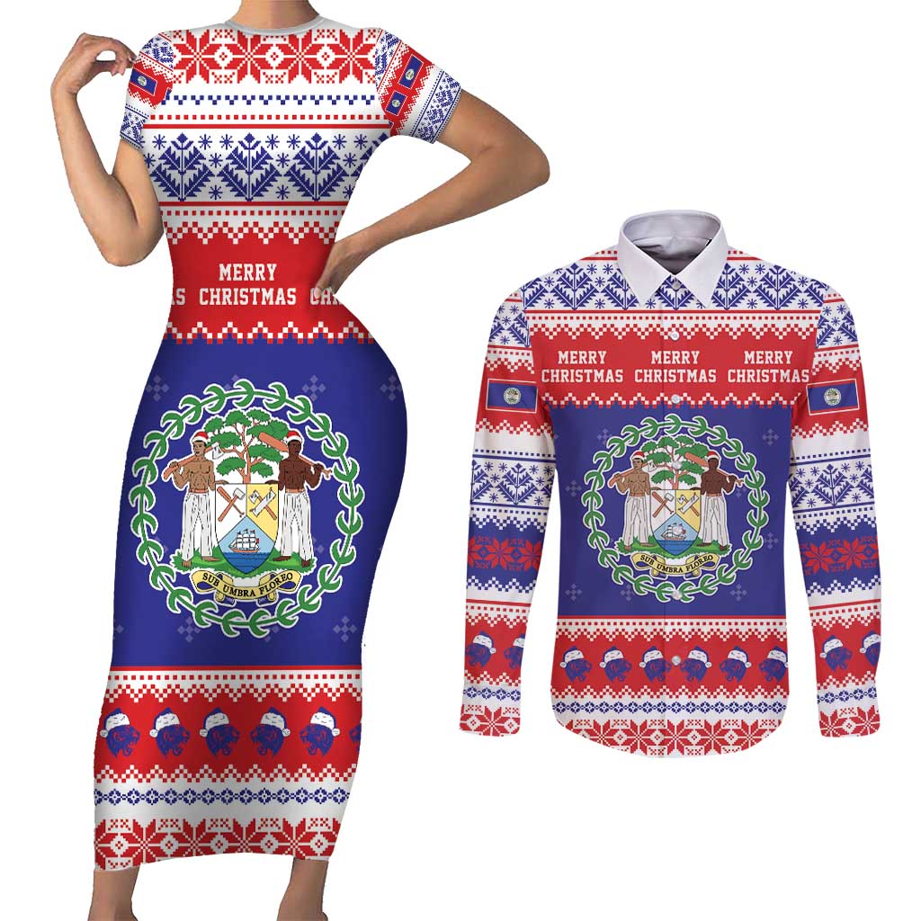Belize Christmas Couples Matching Short Sleeve Bodycon Dress and Long Sleeve Button Shirt Coat Of Arms Merry Xmas - Wonder Print Shop