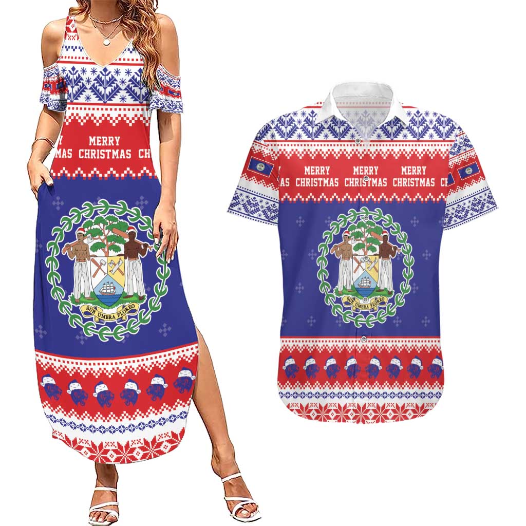 Belize Christmas Couples Matching Summer Maxi Dress and Hawaiian Shirt Coat Of Arms Merry Xmas - Wonder Print Shop
