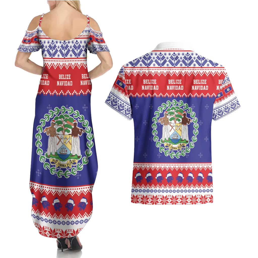 Belize Christmas Couples Matching Summer Maxi Dress and Hawaiian Shirt Coat Of Arms Merry Xmas - Wonder Print Shop