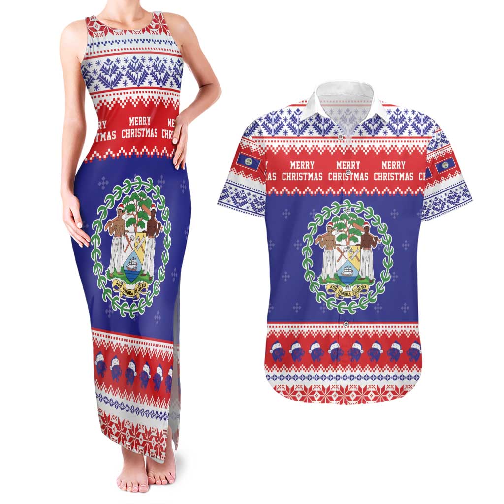 Belize Christmas Couples Matching Tank Maxi Dress and Hawaiian Shirt Coat Of Arms Merry Xmas - Wonder Print Shop
