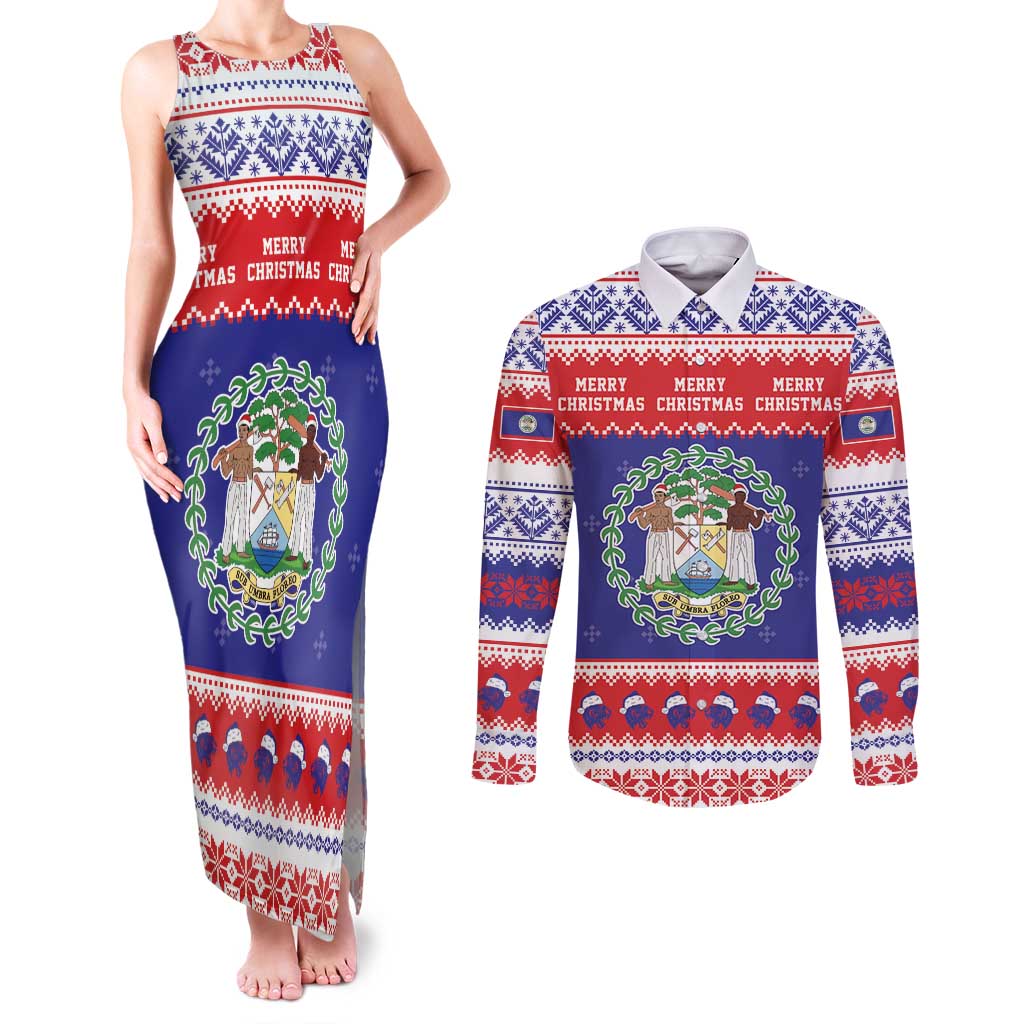 Belize Christmas Couples Matching Tank Maxi Dress and Long Sleeve Button Shirt Coat Of Arms Merry Xmas - Wonder Print Shop