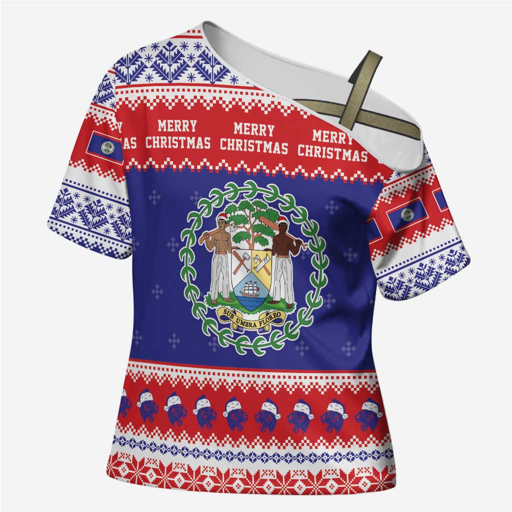 Belize Christmas Cross Shoulder Shirt Coat Of Arms Merry Xmas - Wonder Print Shop
