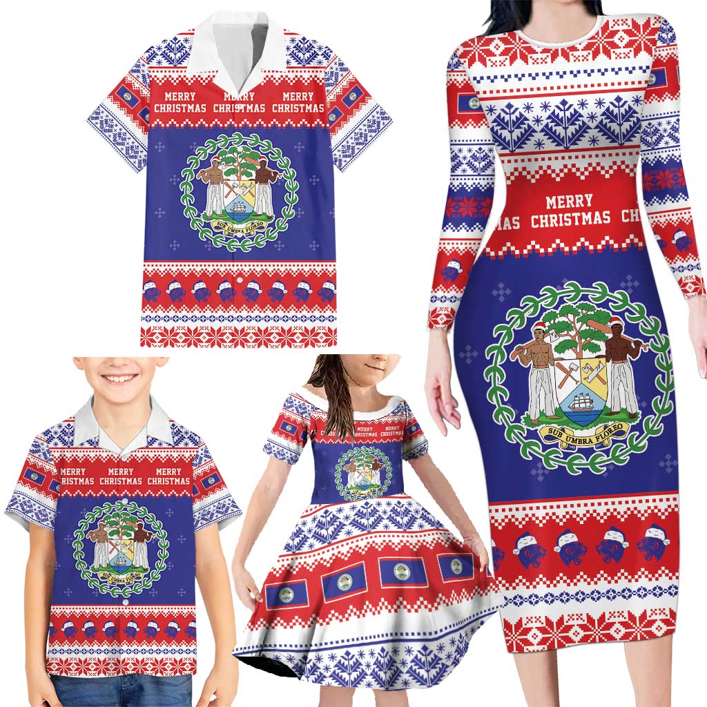 Belize Christmas Family Matching Long Sleeve Bodycon Dress and Hawaiian Shirt Coat Of Arms Merry Xmas - Wonder Print Shop