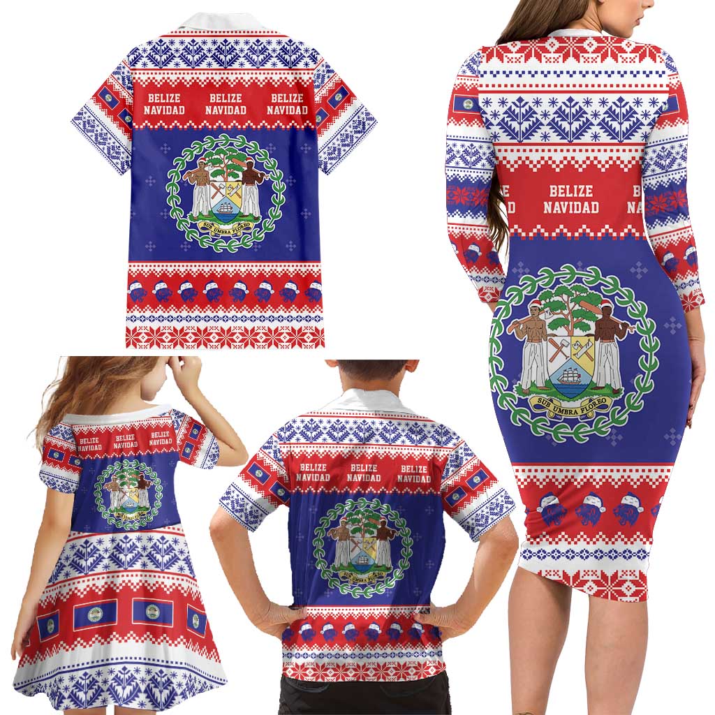 Belize Christmas Family Matching Long Sleeve Bodycon Dress and Hawaiian Shirt Coat Of Arms Merry Xmas - Wonder Print Shop