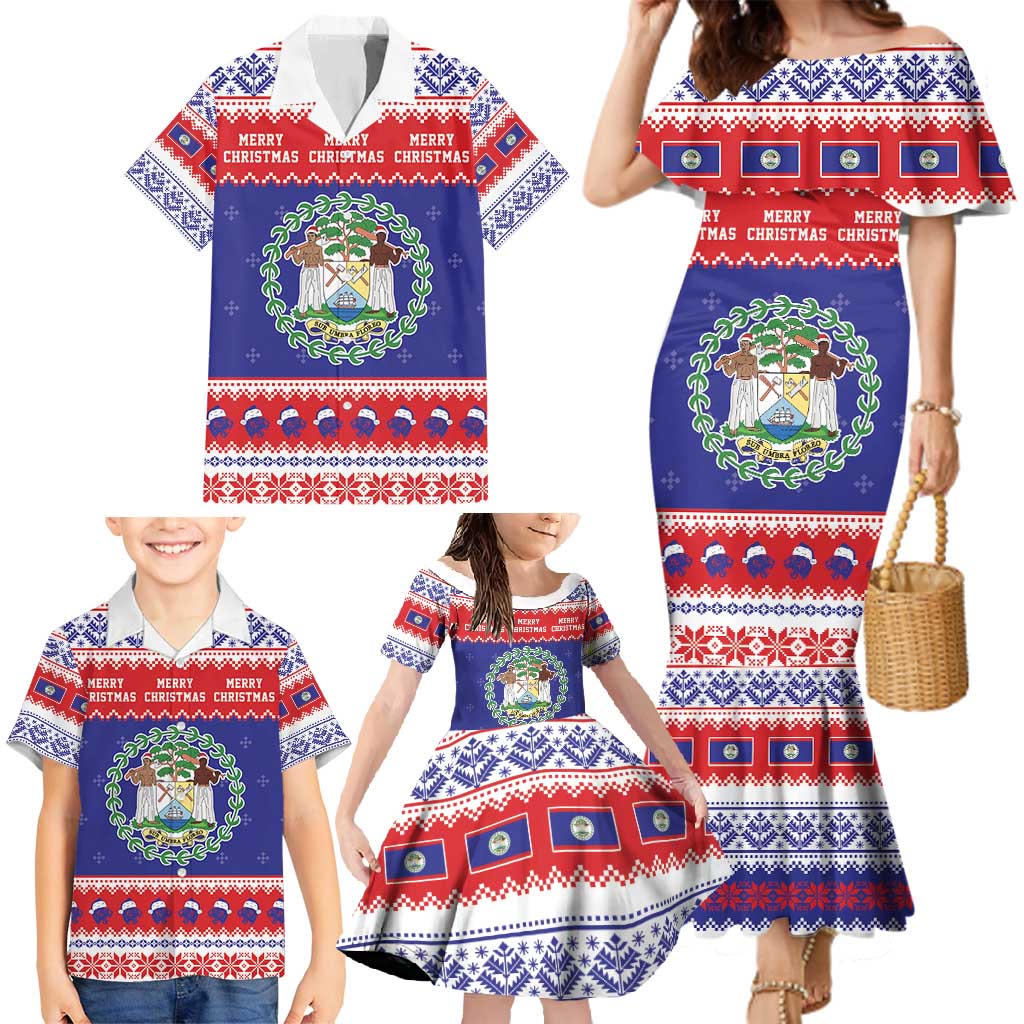 Belize Christmas Family Matching Mermaid Dress and Hawaiian Shirt Coat Of Arms Merry Xmas - Wonder Print Shop