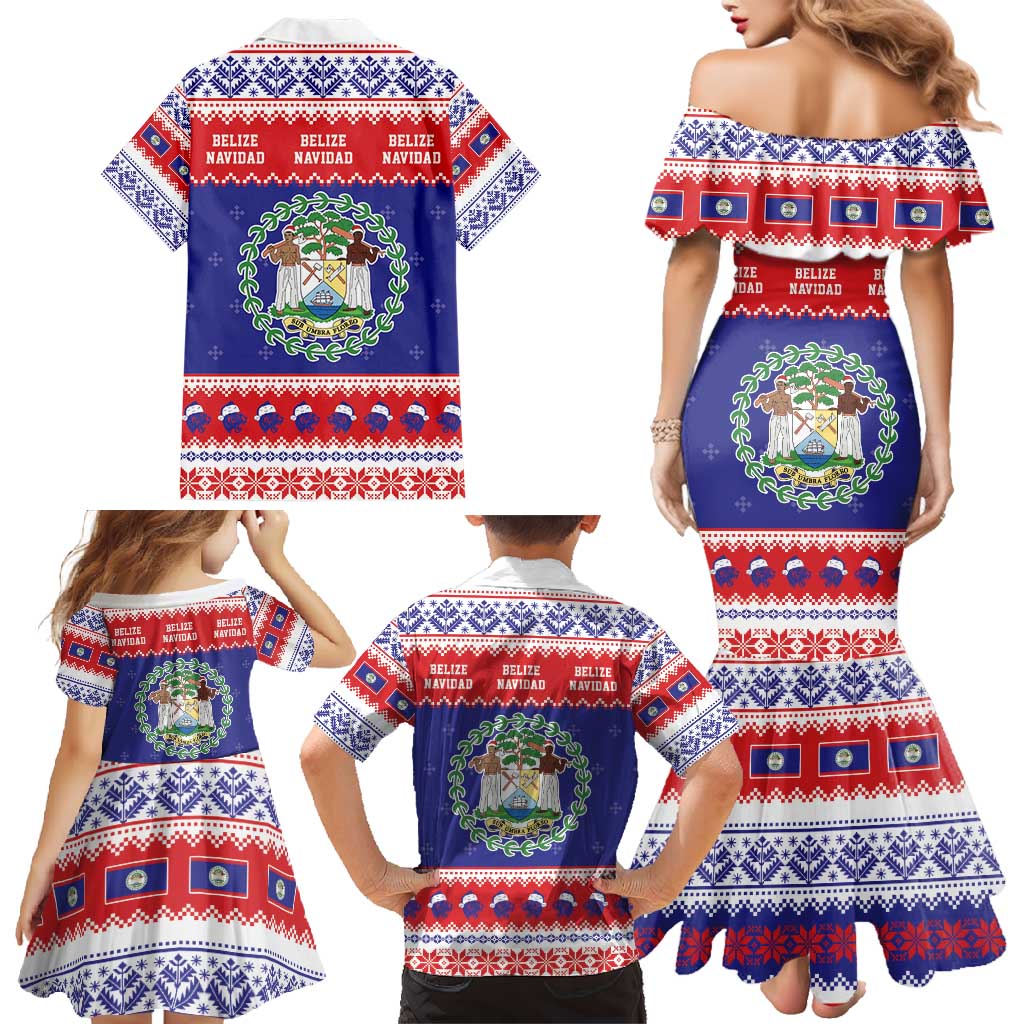 Belize Christmas Family Matching Mermaid Dress and Hawaiian Shirt Coat Of Arms Merry Xmas - Wonder Print Shop