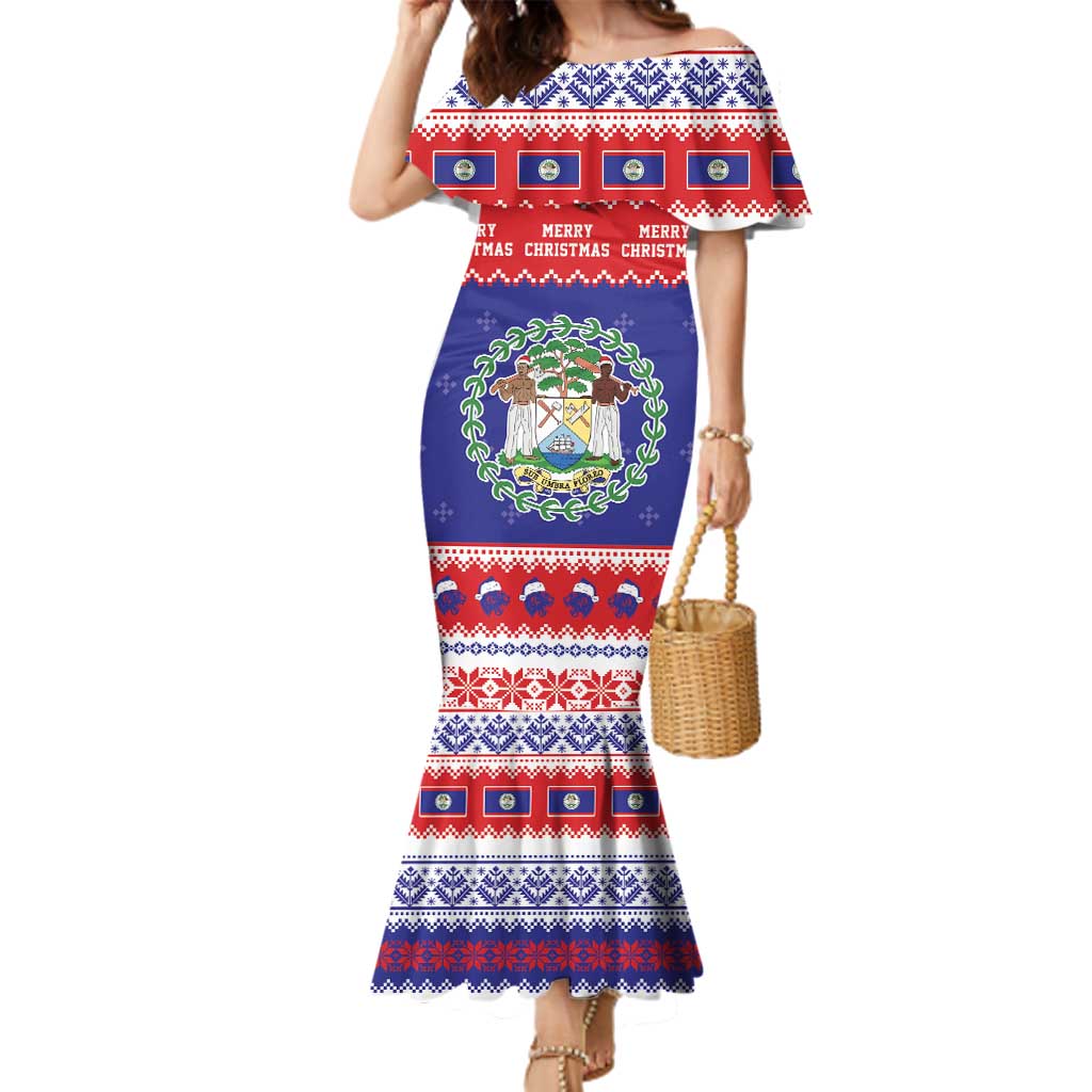 Belize Christmas Family Matching Mermaid Dress and Hawaiian Shirt Coat Of Arms Merry Xmas - Wonder Print Shop