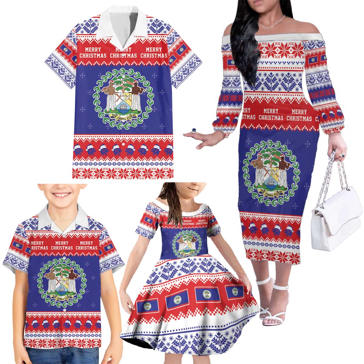 Belize Christmas Family Matching Off The Shoulder Long Sleeve Dress and Hawaiian Shirt Coat Of Arms Merry Xmas - Wonder Print Shop