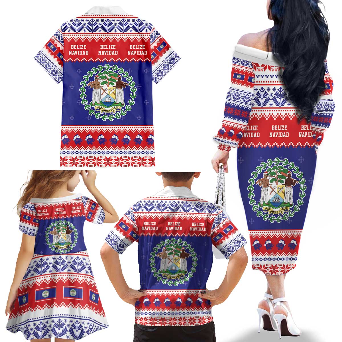 Belize Christmas Family Matching Off The Shoulder Long Sleeve Dress and Hawaiian Shirt Coat Of Arms Merry Xmas - Wonder Print Shop