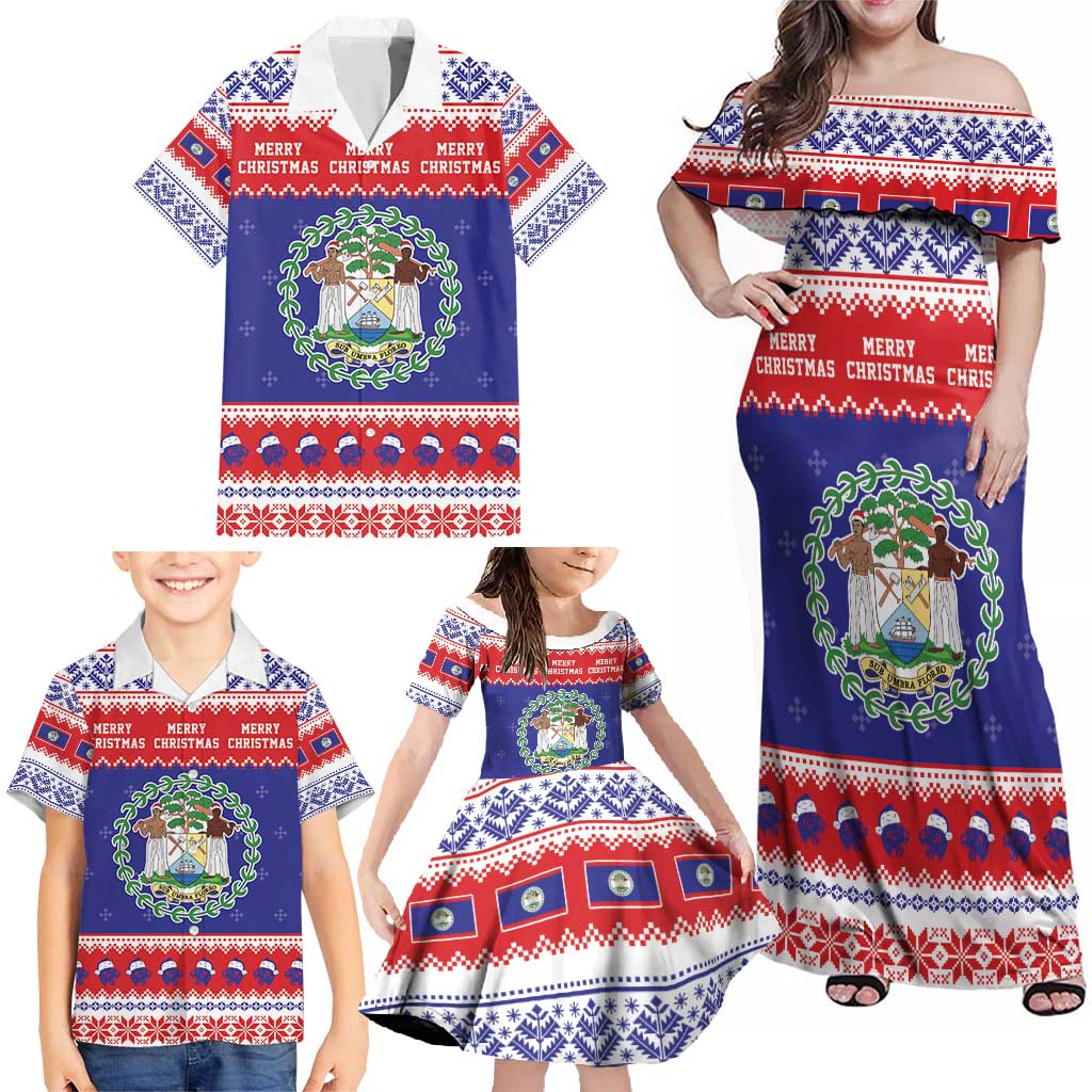 Belize Christmas Family Matching Off Shoulder Maxi Dress and Hawaiian Shirt Coat Of Arms Merry Xmas - Wonder Print Shop