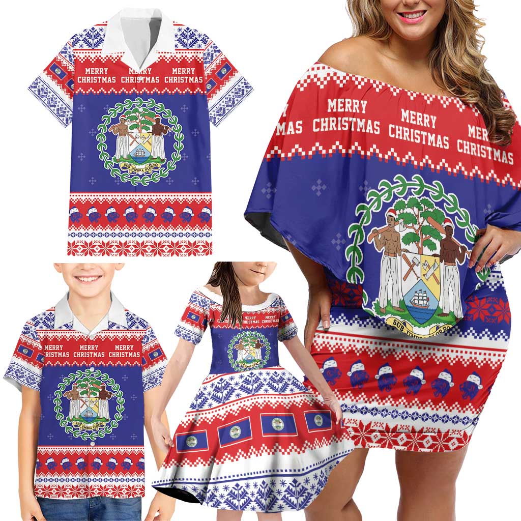 Belize Christmas Family Matching Off Shoulder Short Dress and Hawaiian Shirt Coat Of Arms Merry Xmas - Wonder Print Shop