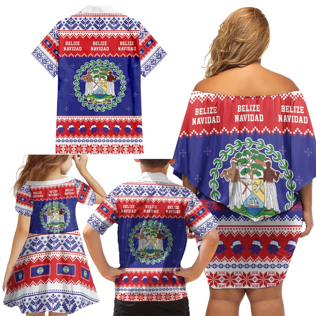 Belize Christmas Family Matching Off Shoulder Short Dress and Hawaiian Shirt Coat Of Arms Merry Xmas - Wonder Print Shop