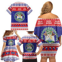 Belize Christmas Family Matching Off Shoulder Short Dress and Hawaiian Shirt Coat Of Arms Merry Xmas - Wonder Print Shop