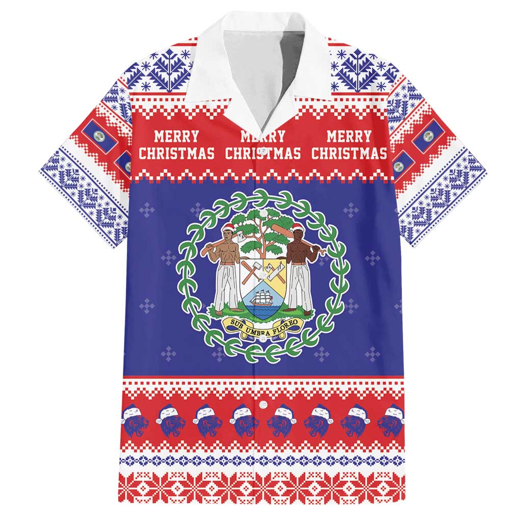 Belize Christmas Family Matching Off Shoulder Short Dress and Hawaiian Shirt Coat Of Arms Merry Xmas - Wonder Print Shop