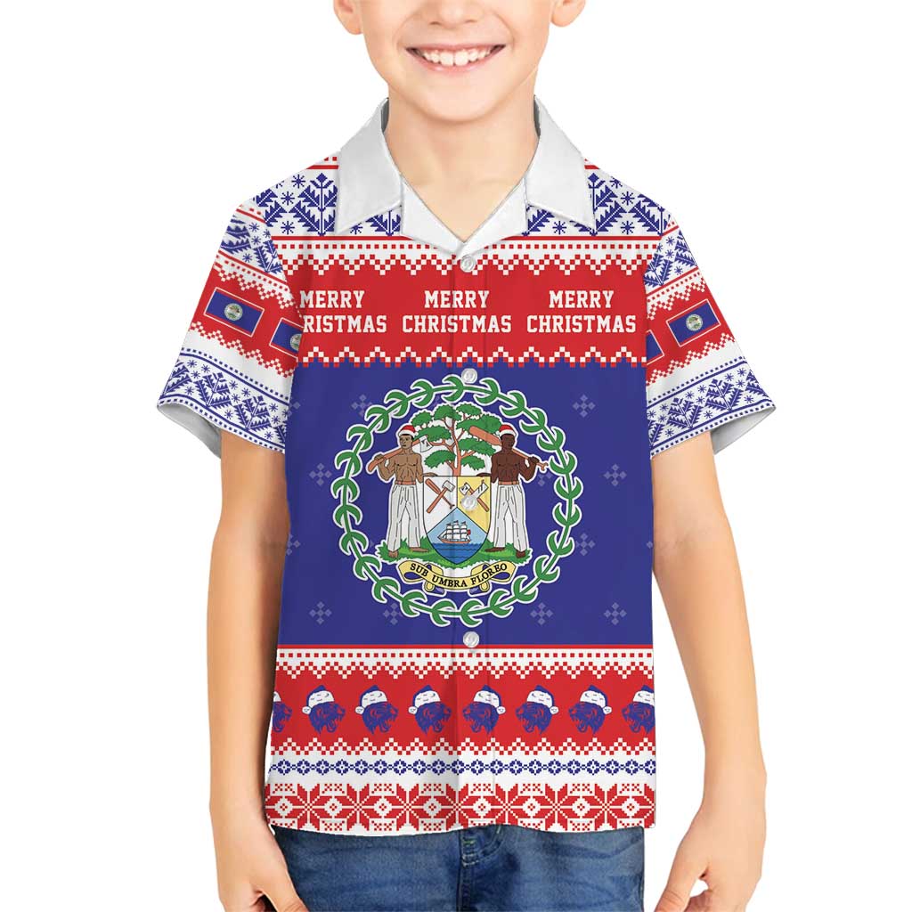 Belize Christmas Family Matching Off Shoulder Short Dress and Hawaiian Shirt Coat Of Arms Merry Xmas - Wonder Print Shop