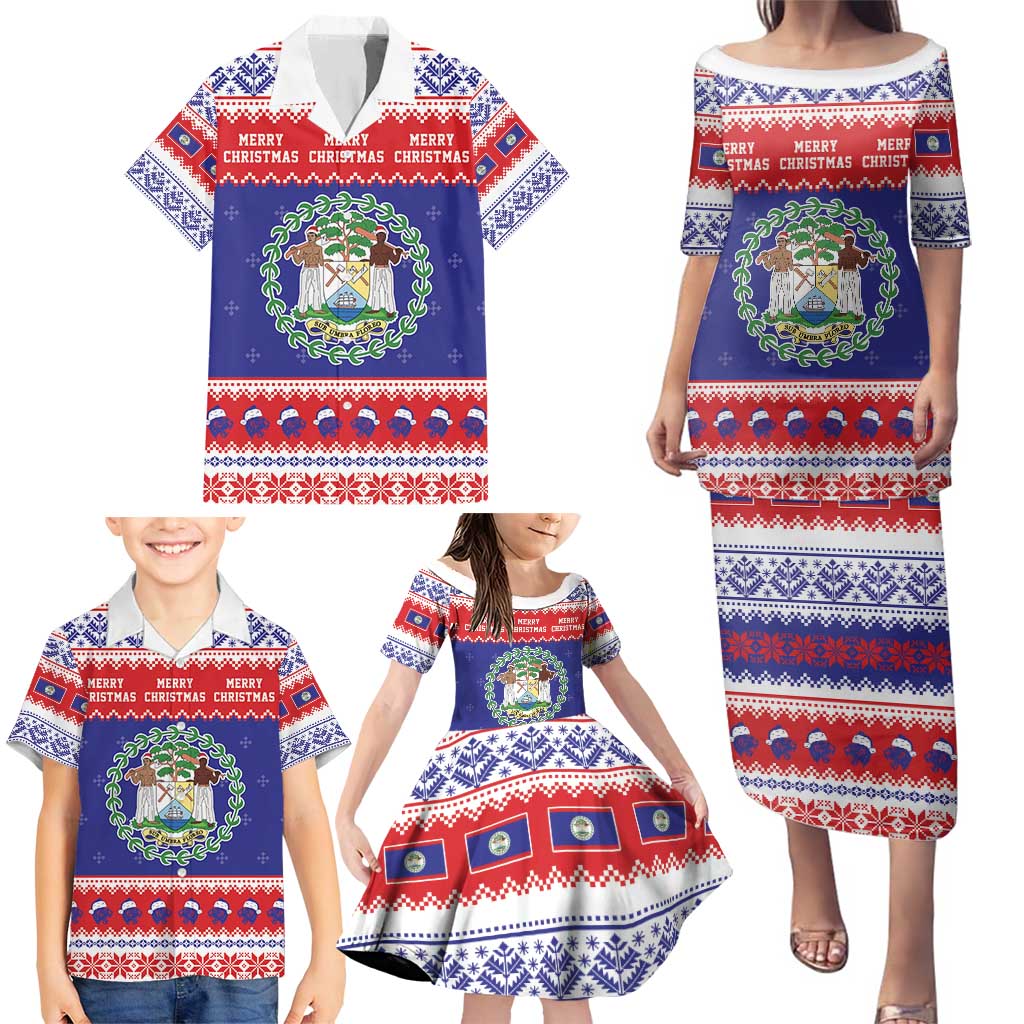 Belize Christmas Family Matching Puletasi and Hawaiian Shirt Coat Of Arms Merry Xmas - Wonder Print Shop