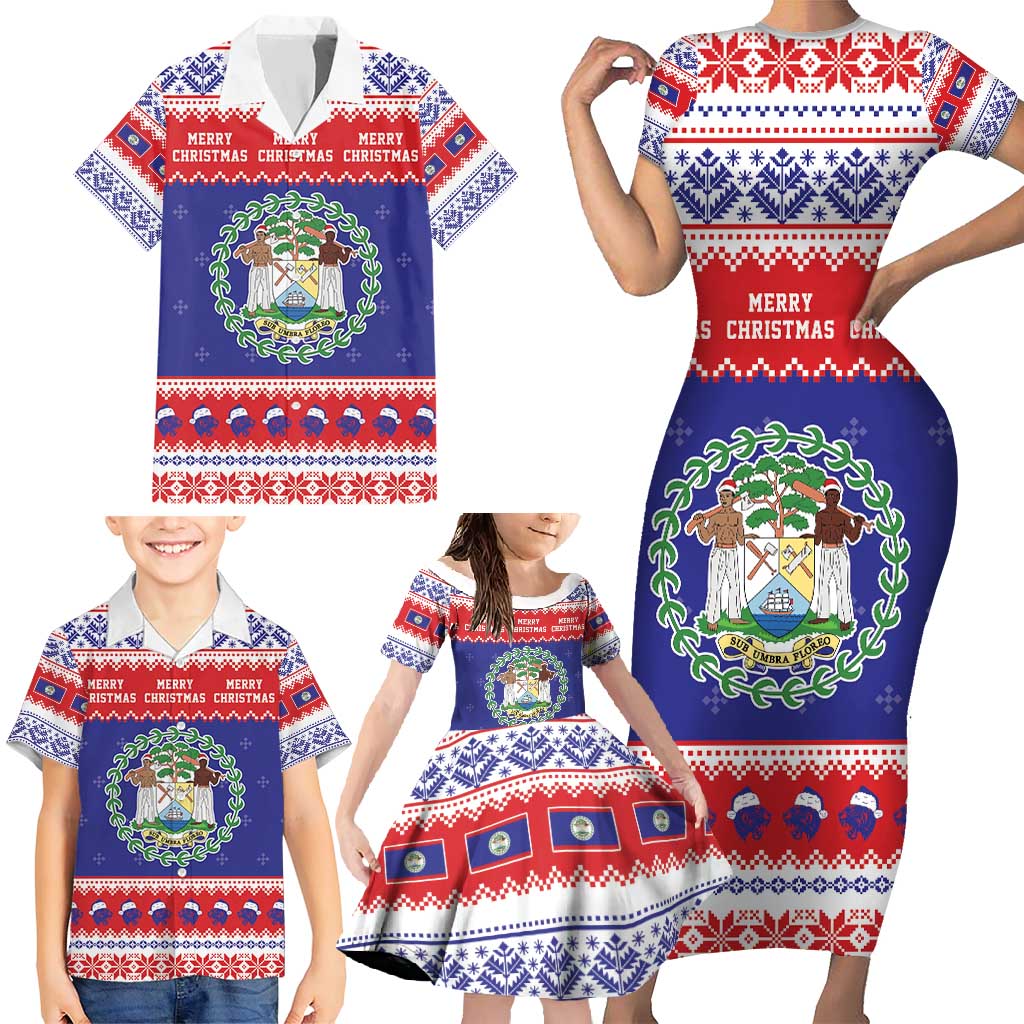 Belize Christmas Family Matching Short Sleeve Bodycon Dress and Hawaiian Shirt Coat Of Arms Merry Xmas - Wonder Print Shop