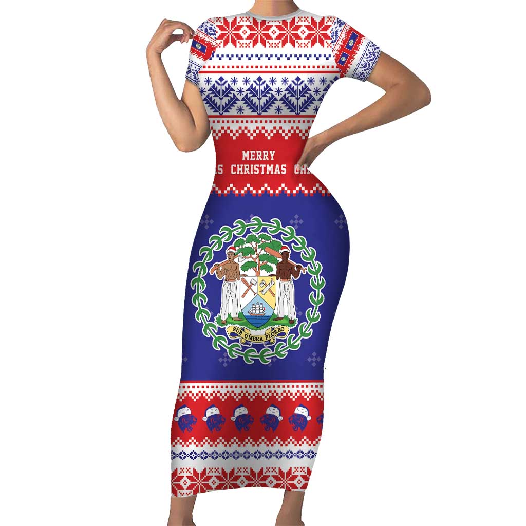 Belize Christmas Family Matching Short Sleeve Bodycon Dress and Hawaiian Shirt Coat Of Arms Merry Xmas - Wonder Print Shop