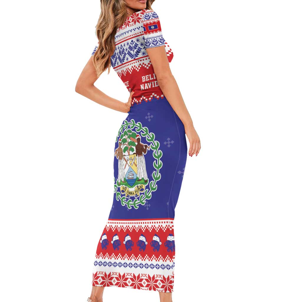 Belize Christmas Family Matching Short Sleeve Bodycon Dress and Hawaiian Shirt Coat Of Arms Merry Xmas - Wonder Print Shop