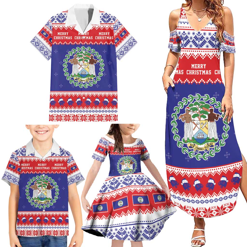 Belize Christmas Family Matching Summer Maxi Dress and Hawaiian Shirt Coat Of Arms Merry Xmas - Wonder Print Shop