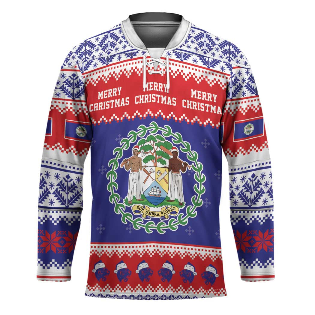 Belize Christmas Hockey Jersey Coat Of Arms Merry Xmas - Wonder Print Shop