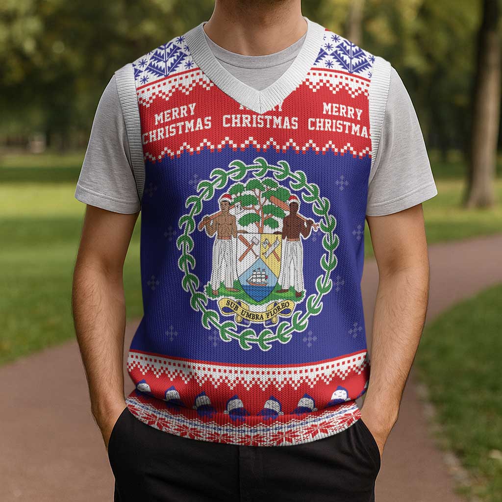 Belize Christmas Knitted V-Neck Vest Coat Of Arms Merry Xmas - Wonder Print Shop